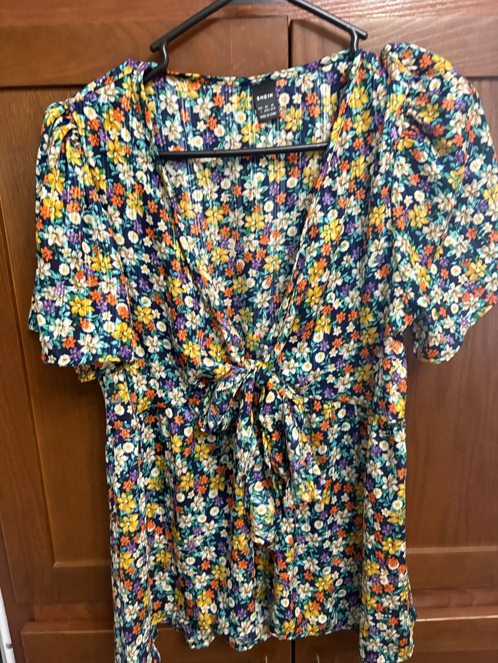 SHEIN Navy Floral Tie-Front Top with Yellow & Orange Blooms